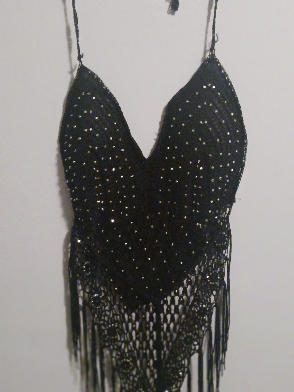 Black Rhinestone Fringed Crochet Halter Top - Backless/Festival Style